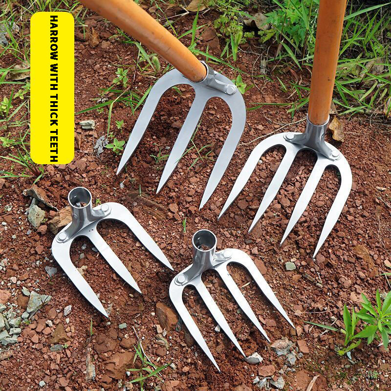 Largeight - Râteau agricole à pointes pour labourer et biner, outil de désherbage portable, sans manche de rallonge, 4 dents dentées grande taille