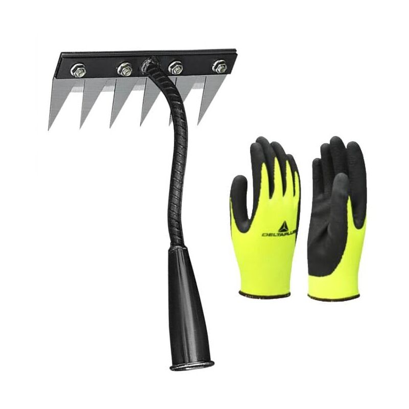 Coocheer - Râteau de désherbage à 6 dents et gants en caoutchouc, outil de désherbage avec poignée, râteau de jardin en métal robuste, râteau pour