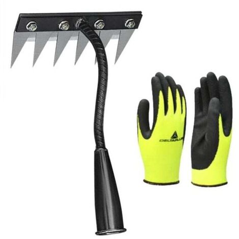Râteau de désherbage à 6 dents et gants en caoutchouc, outil de désherbage avec poignée, râteau de jardin en métal robuste, râteau pour désherber, ameublir le sol et semer