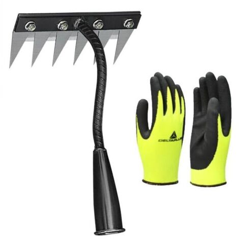 Râteau de désherbage à 6 dents et gants en caoutchouc, outil de désherbage avec poignée, râteau de jardin en métal robuste, râteau pour désherber, ameublir le sol et semer