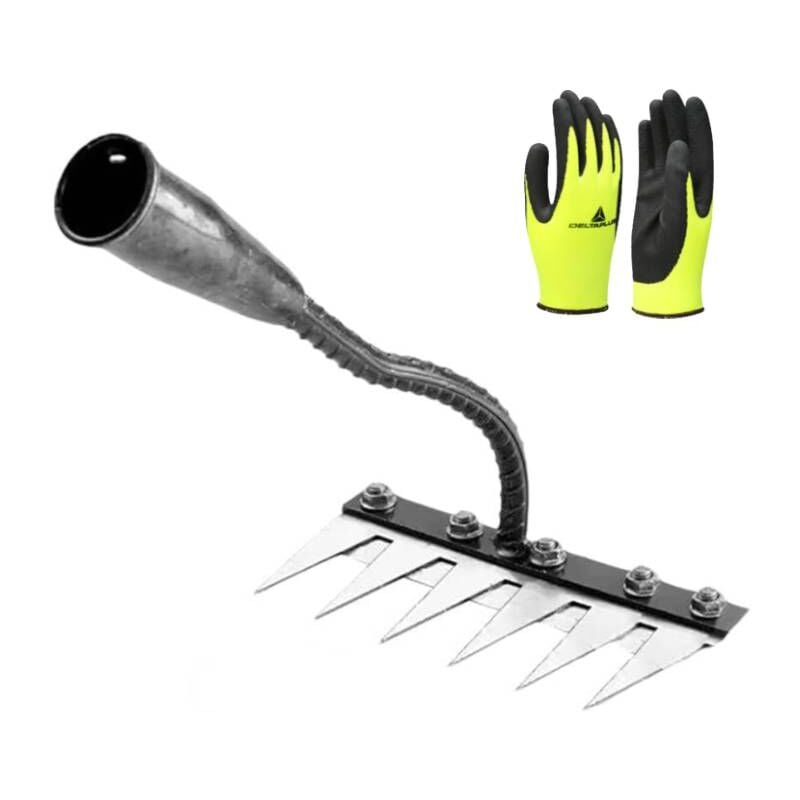 Coocheer - Râteau de désherbage de jardin en acier au carbone à 6 dents avec gants en polyester, râteau de jardin en métal robuste, râteau en fer