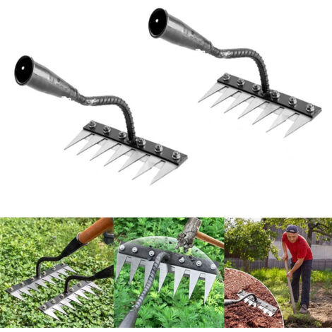 Râteau de jardin en acier au carbone à 7 dents, deux pièces, robuste, en métal, pour le jardinage et le désherbage.