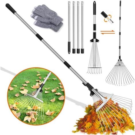 Râteau de jardin, râteau à feuilles, râteau à feuilles, râteau à gazon avec perche métallique réglable de 2,15 m et gants pour nettoyer les plantes, pelouses et terrasses