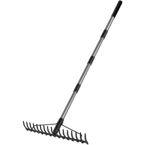 Râteau de jardin robuste de 1.5 m, avec manche en acier inoxydable, 17 dents en acier, tête en métal pour ameublir le sol, ramasser les feuilles, niveler la pelouse, le pelouse, le chaume