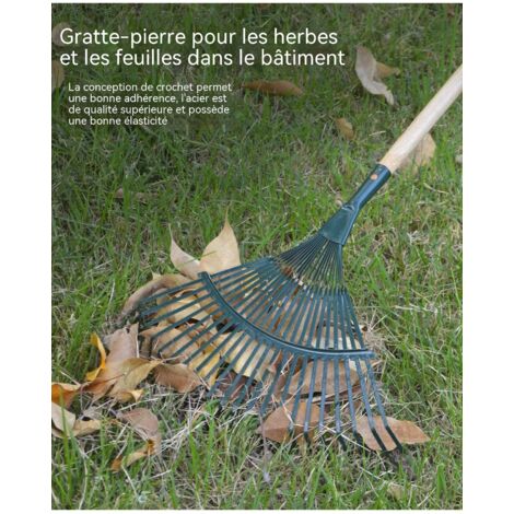 râteau de jardinage a fil d'acier manche en bois pour ramasser feuilles herbes dechets pelouse desherbage usage agricole