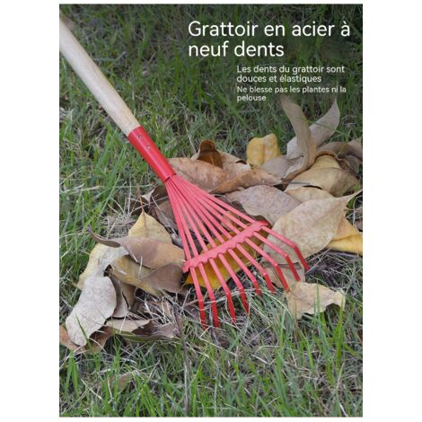 râteau de jardinage a fil d'acier manche en bois pour ramasser feuilles herbes dechets pelouse desherbage usage agricole