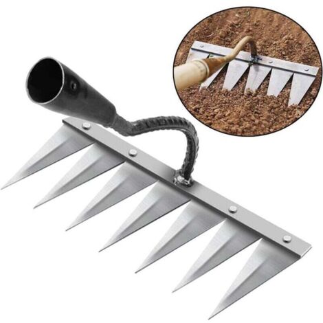 Rateau Jardin, Rateau de Désherbage Outils Jardinage, Rateau Gazon Scarificateur Manuel 7 Dents en Acier, pour Désherbage/Ameublissement du Sol/Semis (sans Bâton)