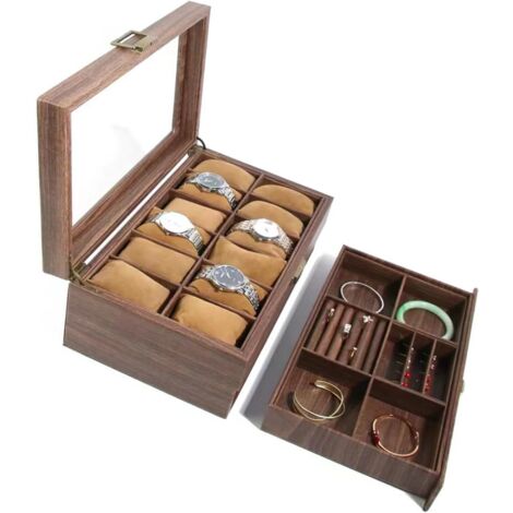Ratstone Uhrenbox aus Holz, Aufbewahrungsbox für 12 Uhren – Uhrenschrank für Damen und Herren, Uhrenaufbewahrung mit Glasdeckel, herausnehmbarem Kissen und Schublade