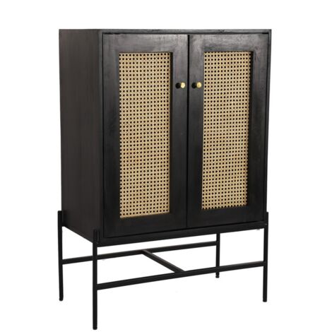 Rattan 2 Door Highboard Cabinet - Mango Wood/Iron - L45 x W80 x H120 cm - Black Finish with Natural Rattan - Assembly Required