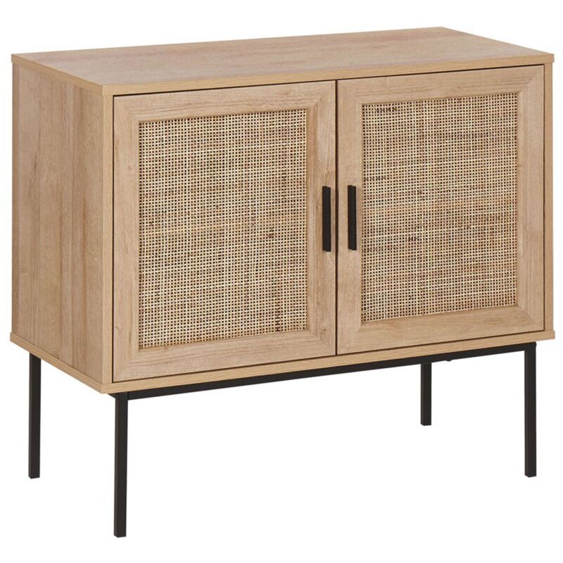 Beliani Rattan 2 Door Sideboard Wicker Front 72 X 80 Cm Metal Legs Light Wood Boho Pasco