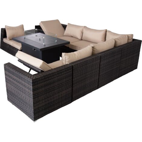 Rattan 9 Piece Modular Outdoor Recliner Garden Sofa with Fire Pit Table Set - Mix Brown