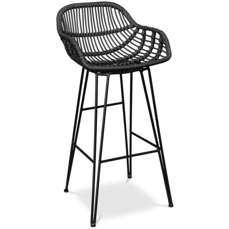 PRIVATEFLOOR Rattan Bar Stool with Armrests - Boho Bali Style - 75cm - Many