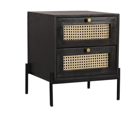 Rattan Bedside Table 2 Drawer - Mango Wood/Iron - L45 x W45 x H55 cm - Black Finish with Natural Rattan - Assembly Required