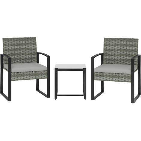 Rattan Bistroset, 3 teiliges Gartenmöbel-Set mit 2 Gartenstühlen, Couchtisch, abnehmbar Kissen Hellgrau
