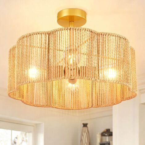 Rattan ceiling light, bohemian chandelier, pendant light with bulb, Wabi-sabi style ceiling light, 3 color temperatures (3000K-6000K)