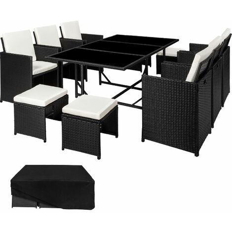 Rattan garden furniture set Malaga 6+4+1 with protective cover - garden tables and chairs, garden furniture set, outdoor table and chairs - black