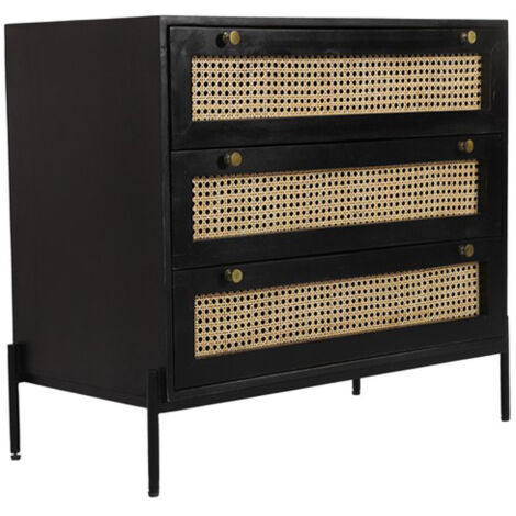 Rattan Chest of Drawer - Mango Wood/Iron - L45 x W90 x H78 cm - Black Finish with Natural Rattan - Assembly Required