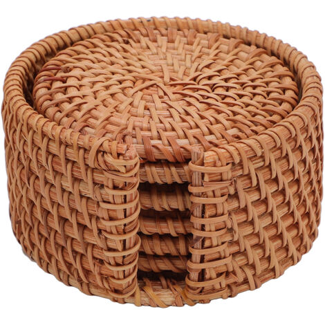 Rattan Coasters Set of 6 with Holder Handwoven Cup Base Plates Dishes Pot Insulated Hot Pads 8cm