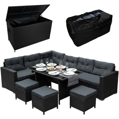 Rattan Corner Dining Set & Garden Storage Box Black 9-Seater L Sofa Stools Glass Table Large Cushion Furniture Chest 582L Outdoor Patio Steel Frame UV Resistant FREE Waterproof Carry Bag & Rain Cover