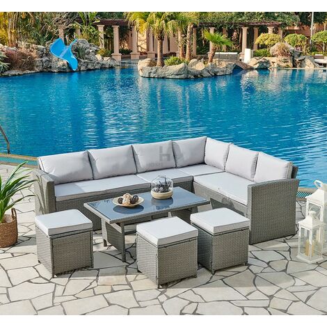 main image of "Rattan Corner Group Garden Furniture Set Outdoor Coffee Table Sofa Stool Set, Grey"