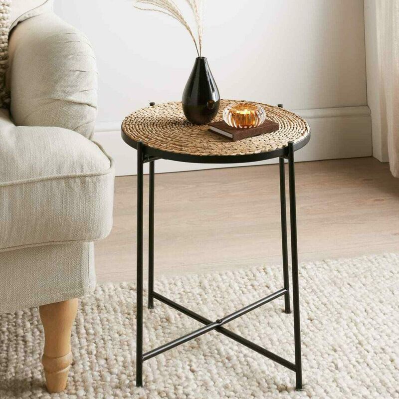 Dylex - Rattan Design Metal Side Coffee Tray Table With Removable Top Living Room