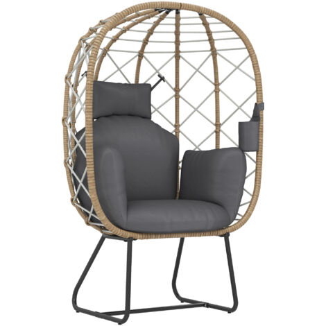 Rattan Egg Chair Outdoor Indoor Wicker Chair with Thickened Cushion and Headrest, Standing Garden Egg Chair with Cup Holder, Metal Frame for Patio, Balcony, Brown