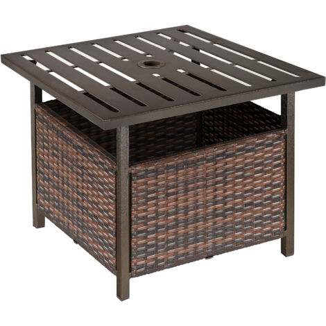 Rattan Garden Coffee Table, 55.5 cm Square Wicker Patio Side Coffee Table with 4 cm Umbrella Hole, Metal Bottom and Slatted Top for Outdoor, Balcony, Brown