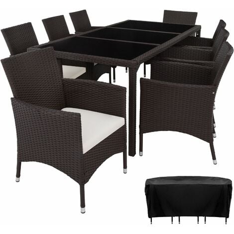Rattan garden furniture set 8+1 Valencia with protective cover - garden tables and chairs, garden furniture set, outdoor table and chairs - brown