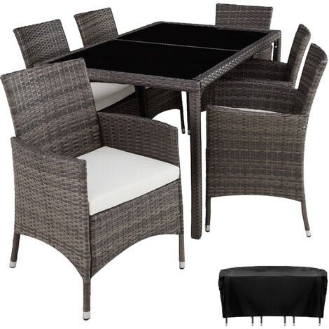 Rattan garden furniture set Lissabon 6+1 with protective cover - garden tables and chairs, garden furniture set, outdoor table and chairs - grey