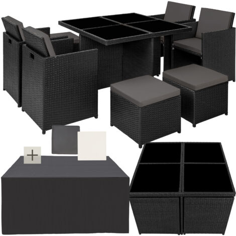 Rattan garden furniture set Manhattan with protective cover, variant 2 - garden tables and chairs, garden furniture set, outdoor table and chairs - black - schwarz