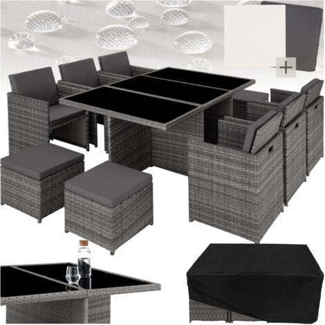 Rattan garden furniture set New York with protective cover, variant 2 - garden tables and chairs, garden furniture set, outdoor table and chairs - grey - grey