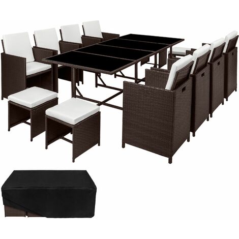 Rattan garden furniture set Palma 8+4+1 with protective cover, variant 2 - garden tables and chairs, garden furniture set, outdoor table and chairs - mixed brown - braun gemischt