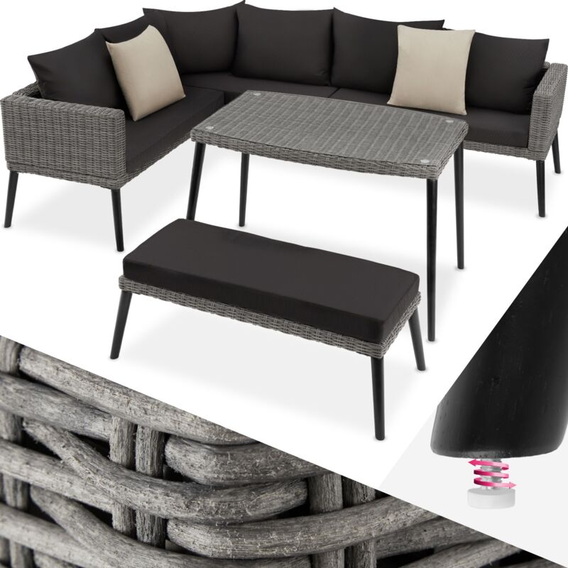 Garden Furniture Set Pula - outdoor sofa set with table, seating bench, thick seat cushions - Rattan lounge, garden lounge, lounge set - grey