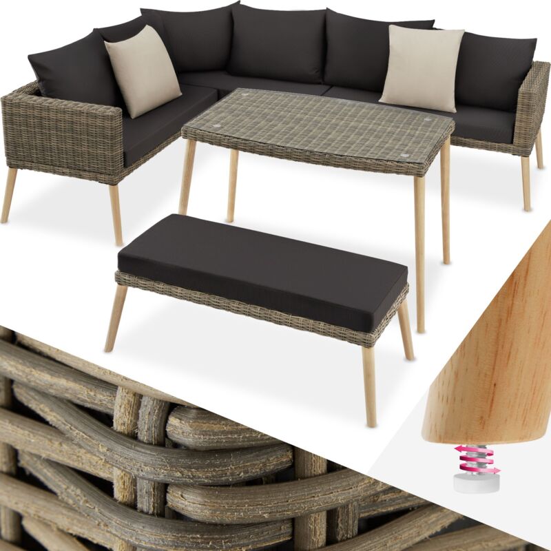 Garden Furniture Set Pula - outdoor sofa set with table, seating bench, thick seat cushions - Rattan lounge, garden lounge, lounge set - nature