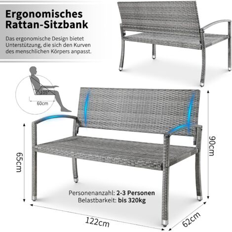 Rattan Gartenbank, Outdoorbank, 2-Sitzer Balkonbank, Gartenmöbel, doppelseitiges Rattan, 122x62x90cm, grau