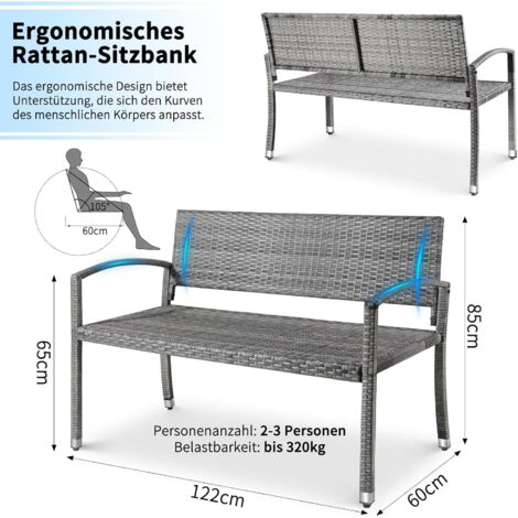Rattan Gartenbank, Outdoorbank, 2-Sitzer Balkonbank, Gartenmöbel, einseitig Rattan, 122x60x85cm, grau