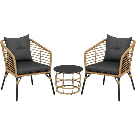 Rattan Gartenmöbel-Set, 3-TLG. Sitzgruppe, inkl. Couchtisch und 2 Stühle, Bistro-Set mit Kissen, Balkonmöbel, Sand+Dunkelgrau
