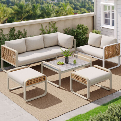 Rattan-Gartenmöbel-Set, 6-7-Sitzer-Ecksofa mit verzinktem Eisenrahmen, verstellbaren Beinen, Beige
