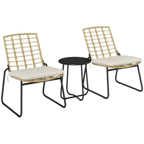 Rattan Gartenmöbel Set, Balkonmöbel Set für 2 Personen 3-teilig Outdoor Sitzgruppe mit 2 stapelbar Stühle, Tisch Kissen wetterfest Garten Lounge für Terrasse Balkon, Beige & Braun