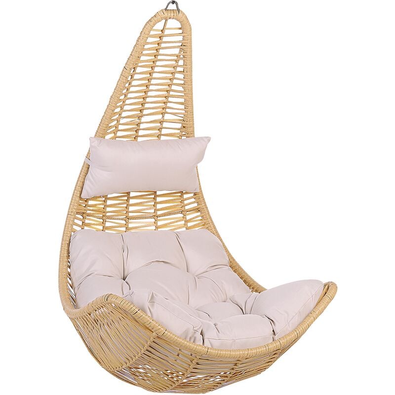 Boho Wicker Hanging Chair Swing Seat without Stand Beige pe Rattan Atri