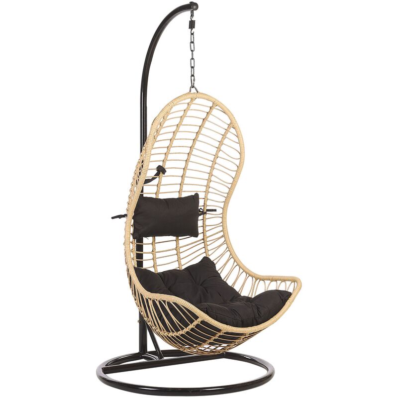 Boho Rattan Hanging Chair with Metal Base Indoor-Outdoor Wicker Beige Pineto