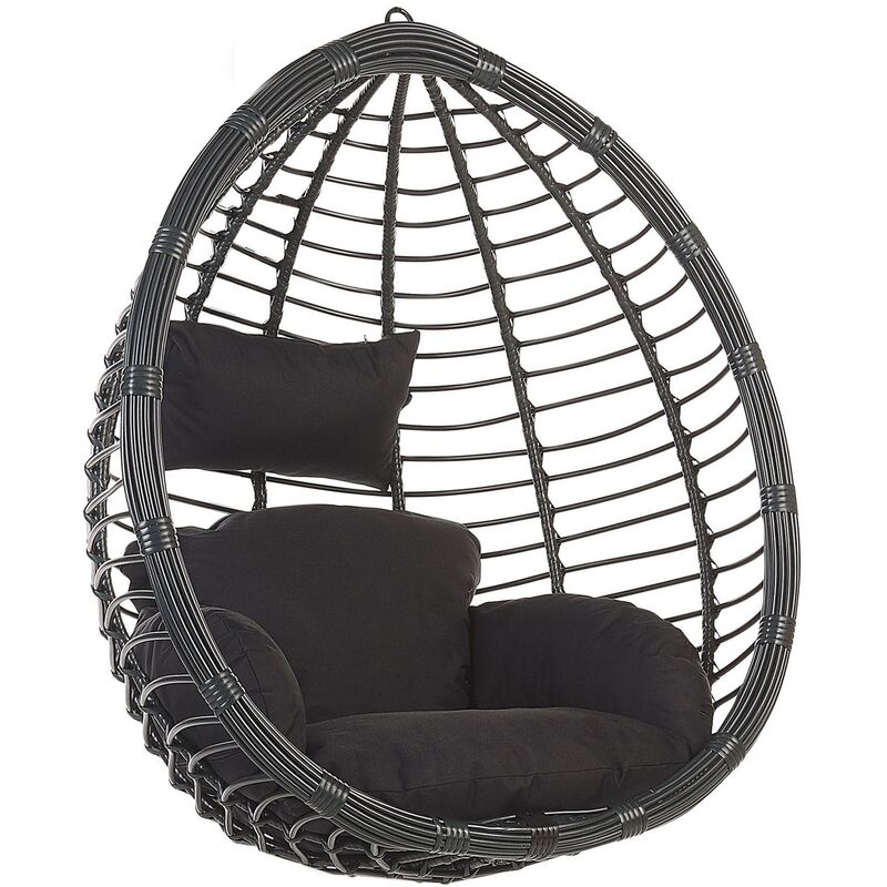 Boho Black Rattan Hanging Chair no Stand Indoor-Outdoor Wicker Egg Shape Tollo