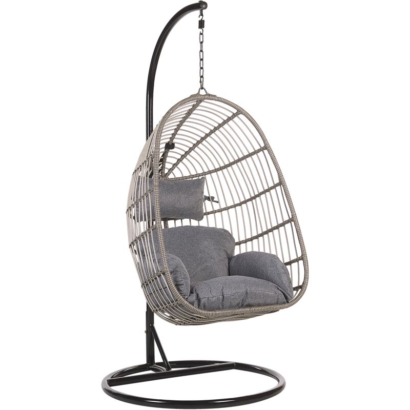 Boho Grey Rattan Hanging Chair with Metal Base Indoor-Outdoor Wicker Egg Shape Casoli