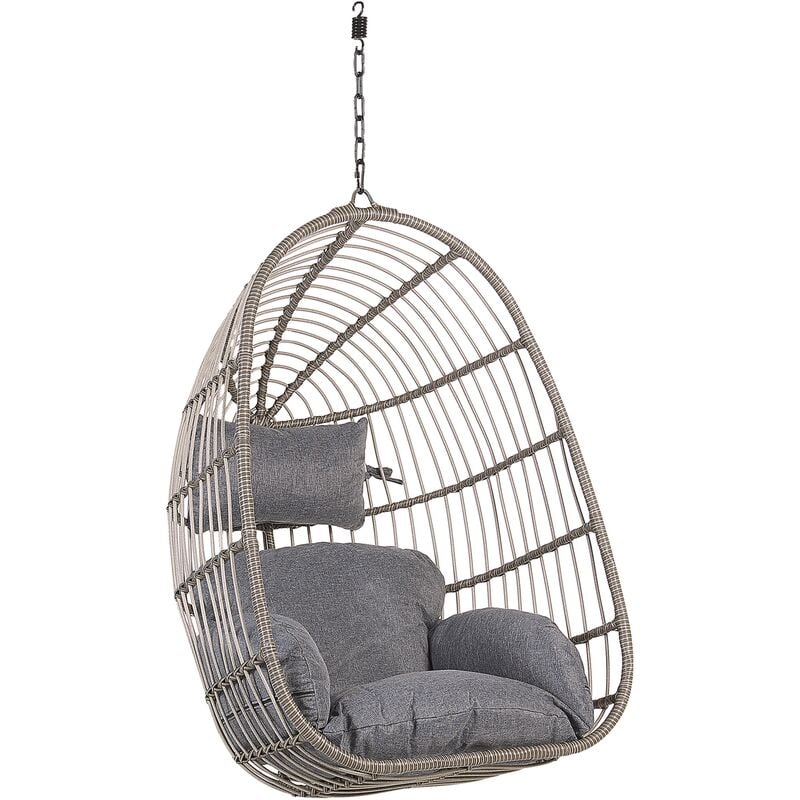 Boho Grey Rattan Hanging Chair without Stand Indoor-Outdoor Wicker Egg Shape Casoli