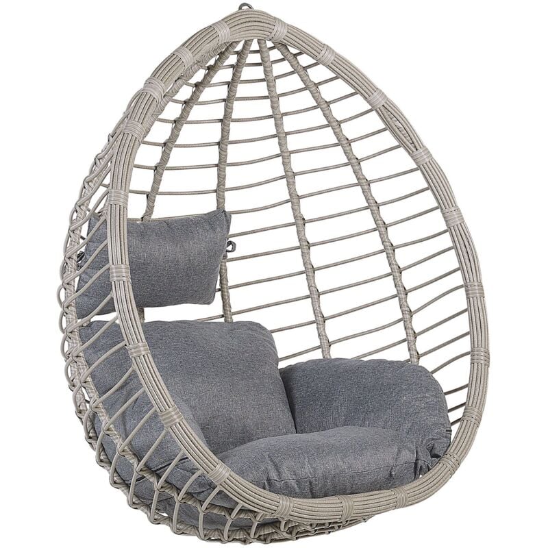 Boho Grey Rattan Hanging Chair no Stand Indoor-Outdoor Wicker Egg Shape Tollo