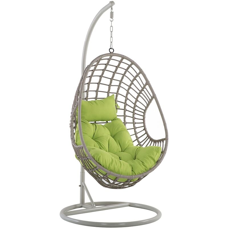 Rattan Hanging Egg Chair with Stand Swing Green Cushion PE Wicker Beige Arpino