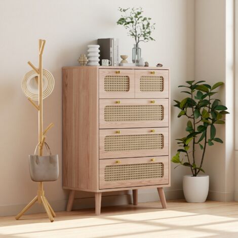 Rattan-Kommode, Aufbewahrungsschrank, 5 Schubladen, Sideboard mit Kippschutz für Wohnzimmer, Esszimmer, Flur, Holzfarbe