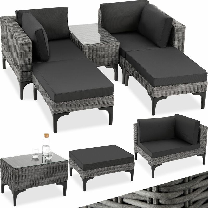 Garden Furniture Set Bellaria - 2 armchairs, 2 stools, side table, thick seat cushions - Rattan lounge, garden lounge, lounge set - grey