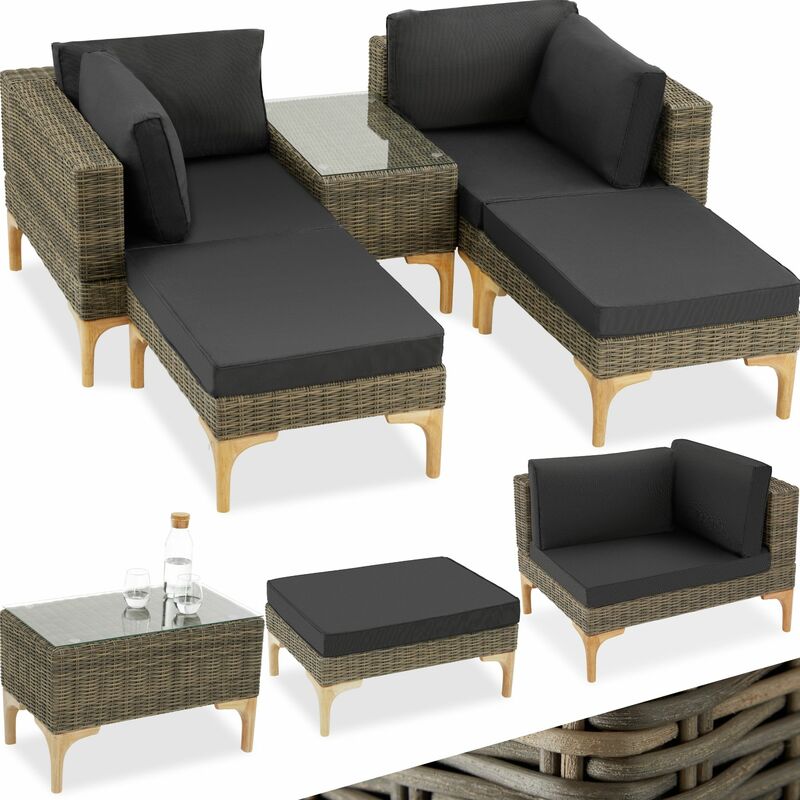 Garden Furniture Set Bellaria - 2 armchairs, 2 stools, side table, thick seat cushions - Rattan lounge, garden lounge, lounge set - nature