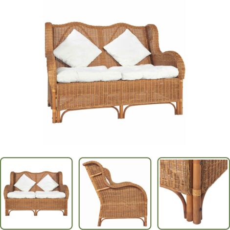 Rattan naturale -  Divano a 2 Posti Marrone Chiaro in Rattan Naturale e Lino